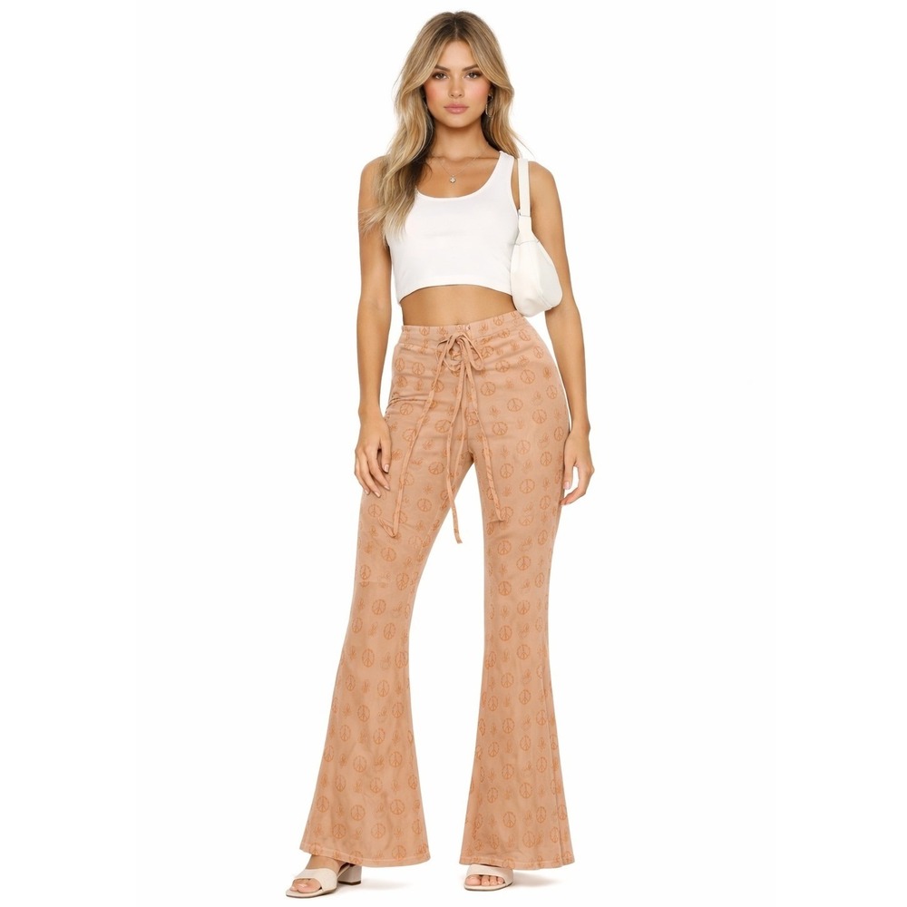 Looney Tunes Peach Graphic Mesh Bell bottom cinched waist Y2K Pants‎ L